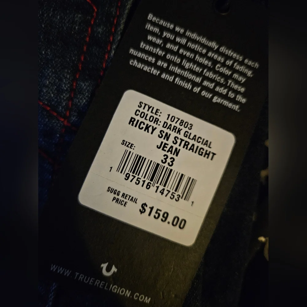 NWT True Religion Ricky SN Straight Dark Glacial Jeans - Red Contrast Stitch -33
